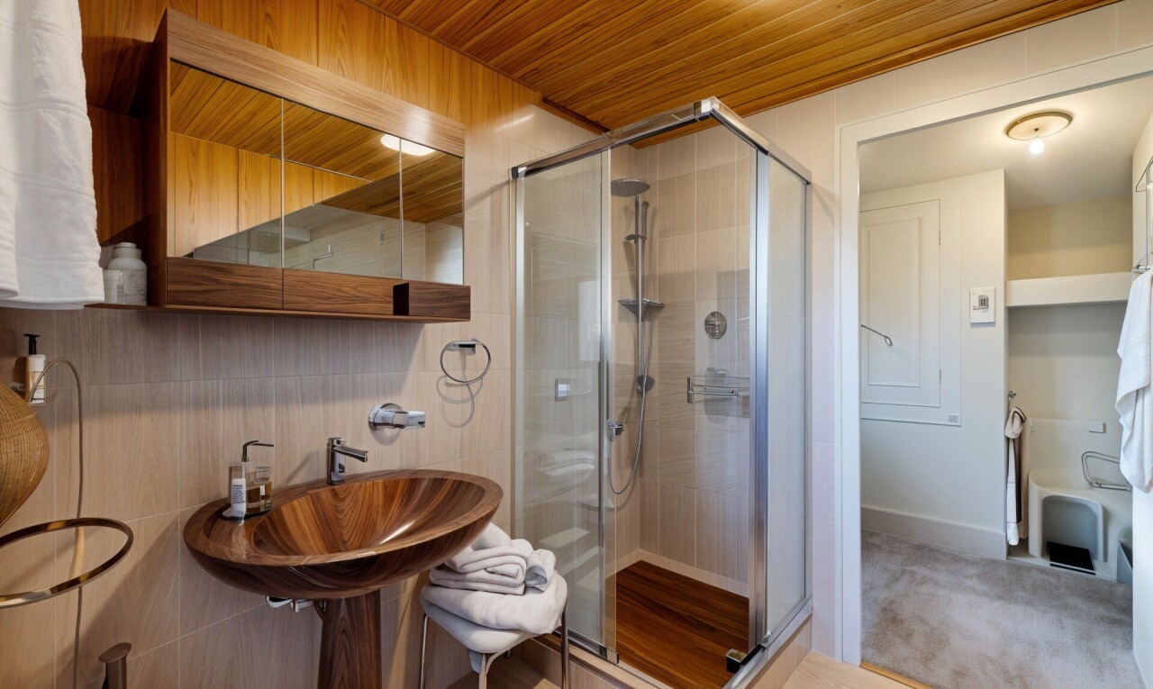 salle de bains avec miroir, douche, tile shower, salle de bain complète, et inside property