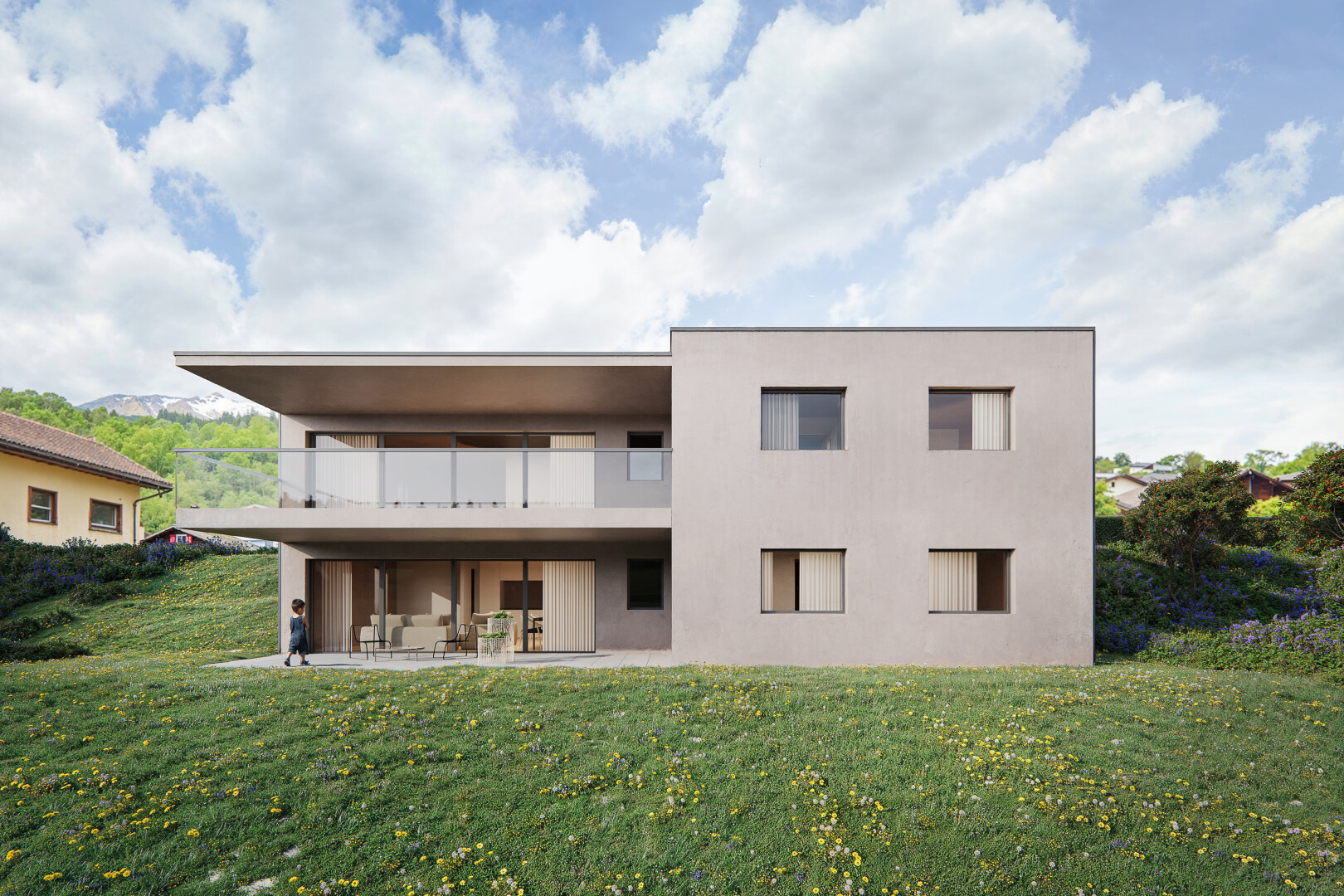 façade avec terrasse, pelouse, bardage en stuc, et day time