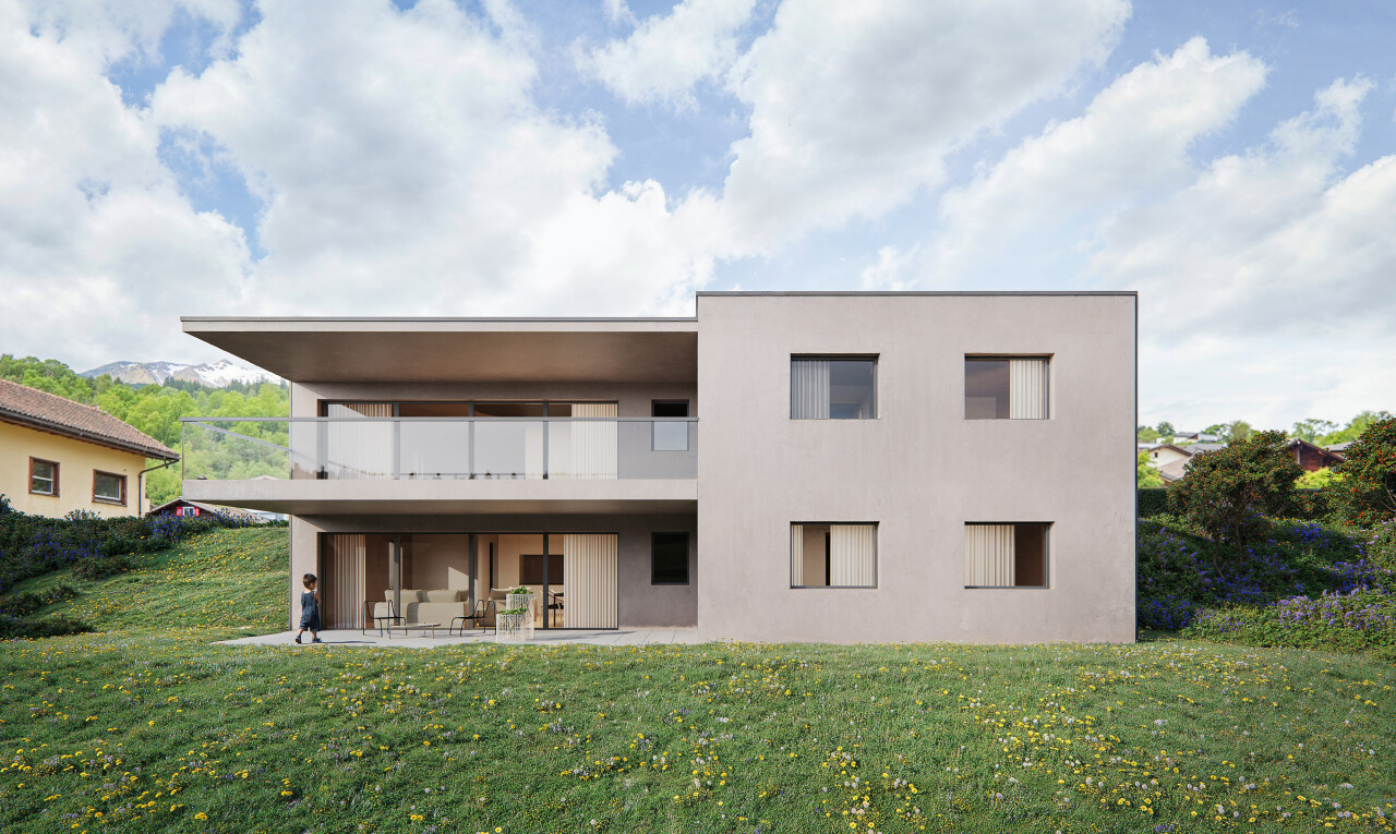 façade avec terrasse, pelouse, bardage en stuc, et day time
