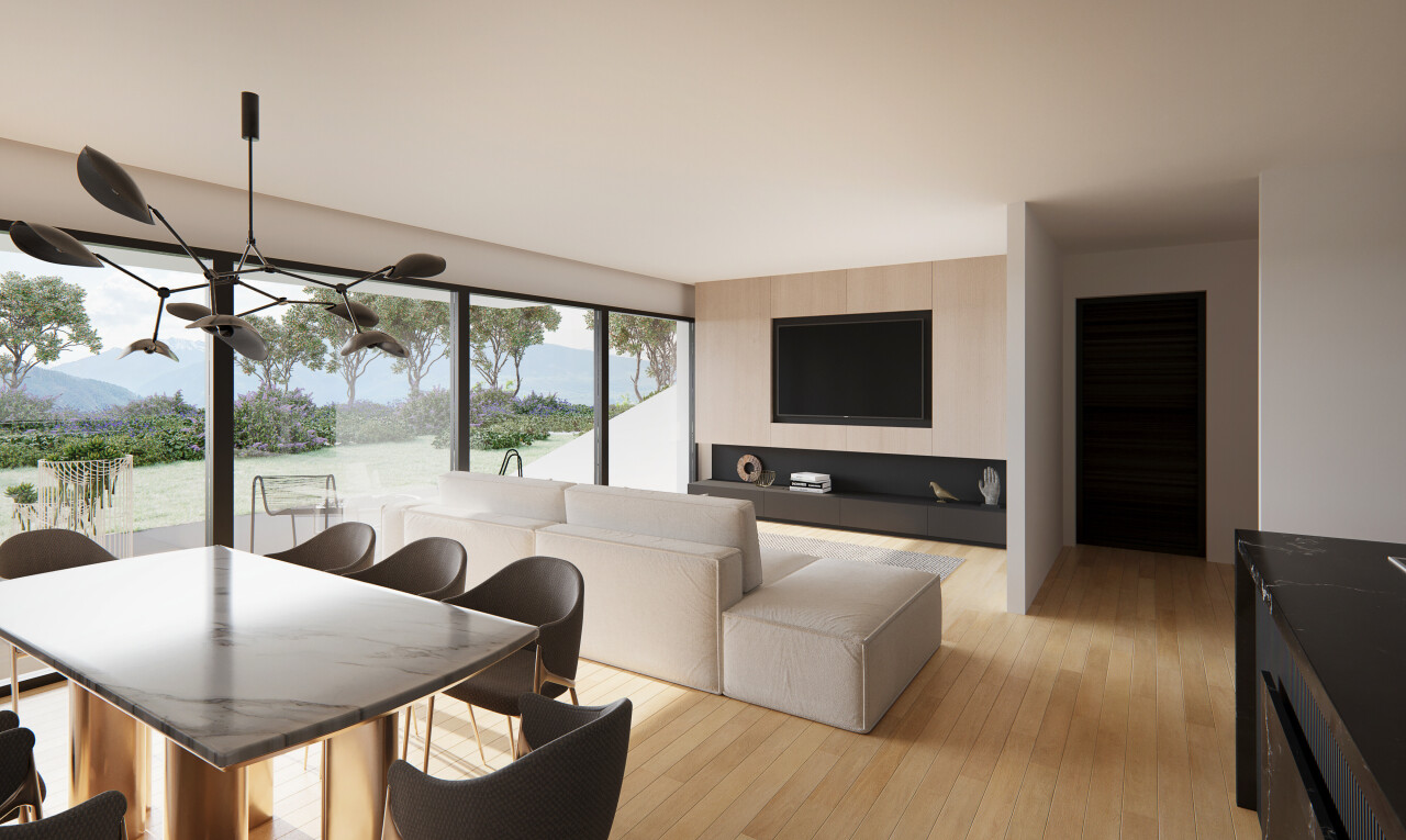 salon / salle à manger avec rendered, télévision, sol en finition bois, wood finish floor, et lumière naturelle