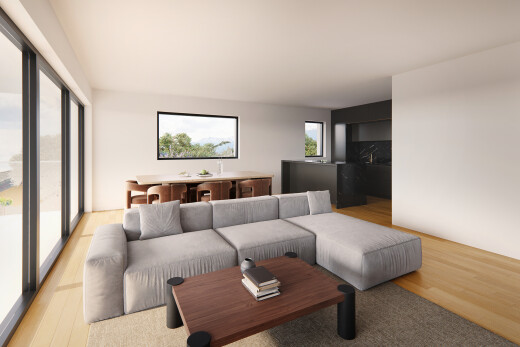 salon / salle à manger avec sol en finition bois, wood finish floor, inside property, rendered, et cloison sèche