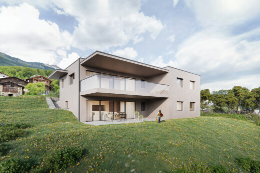 façade avec terrasse, pelouse, bardage en stuc, day time, et rendered