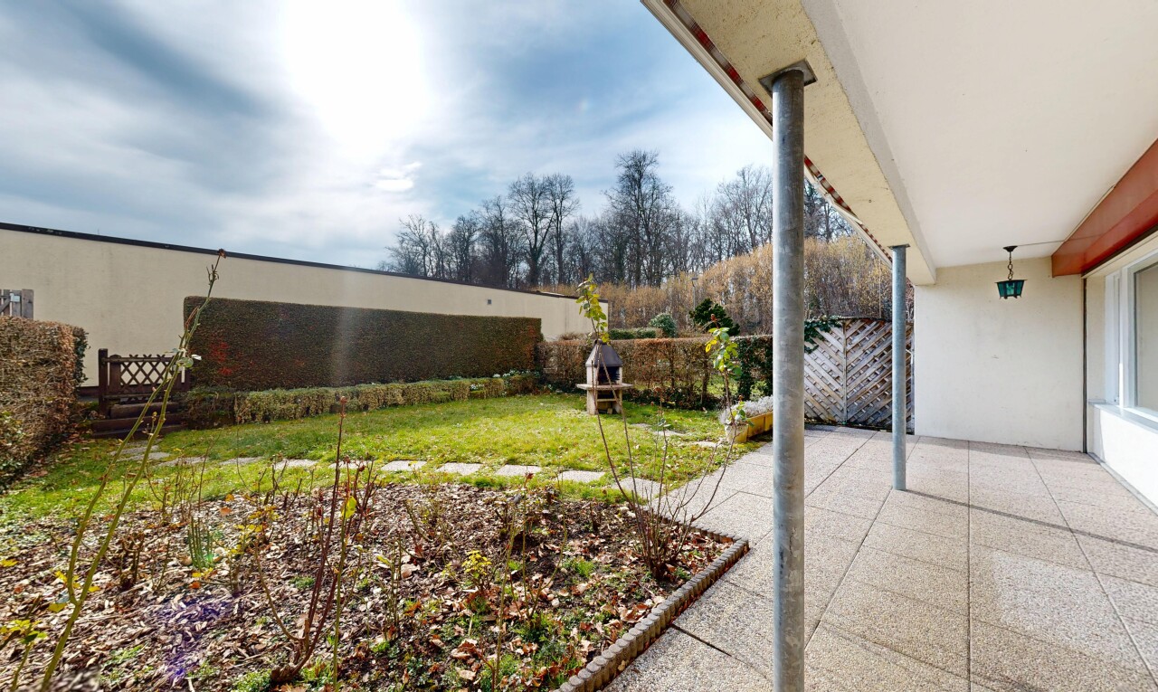 garten mit terrasse, rasen, und zaun
