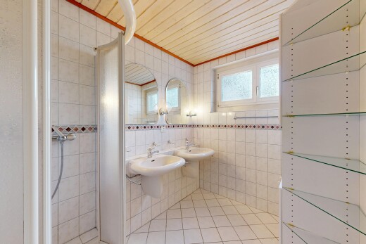 bad mit spiegel, dusche, fliesenwand, und natürliches licht