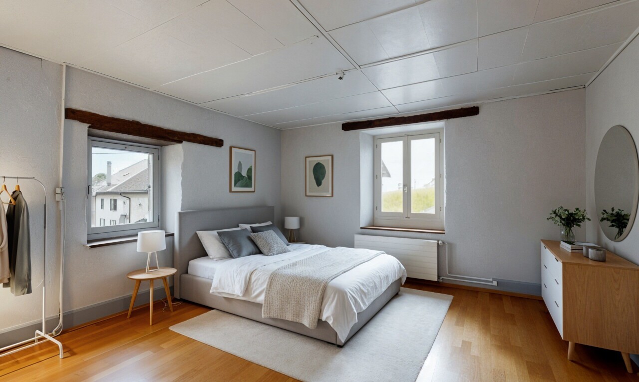 chambre avec inside property, lumière naturelle, natural light, sol en finition bois, et wood finish floor