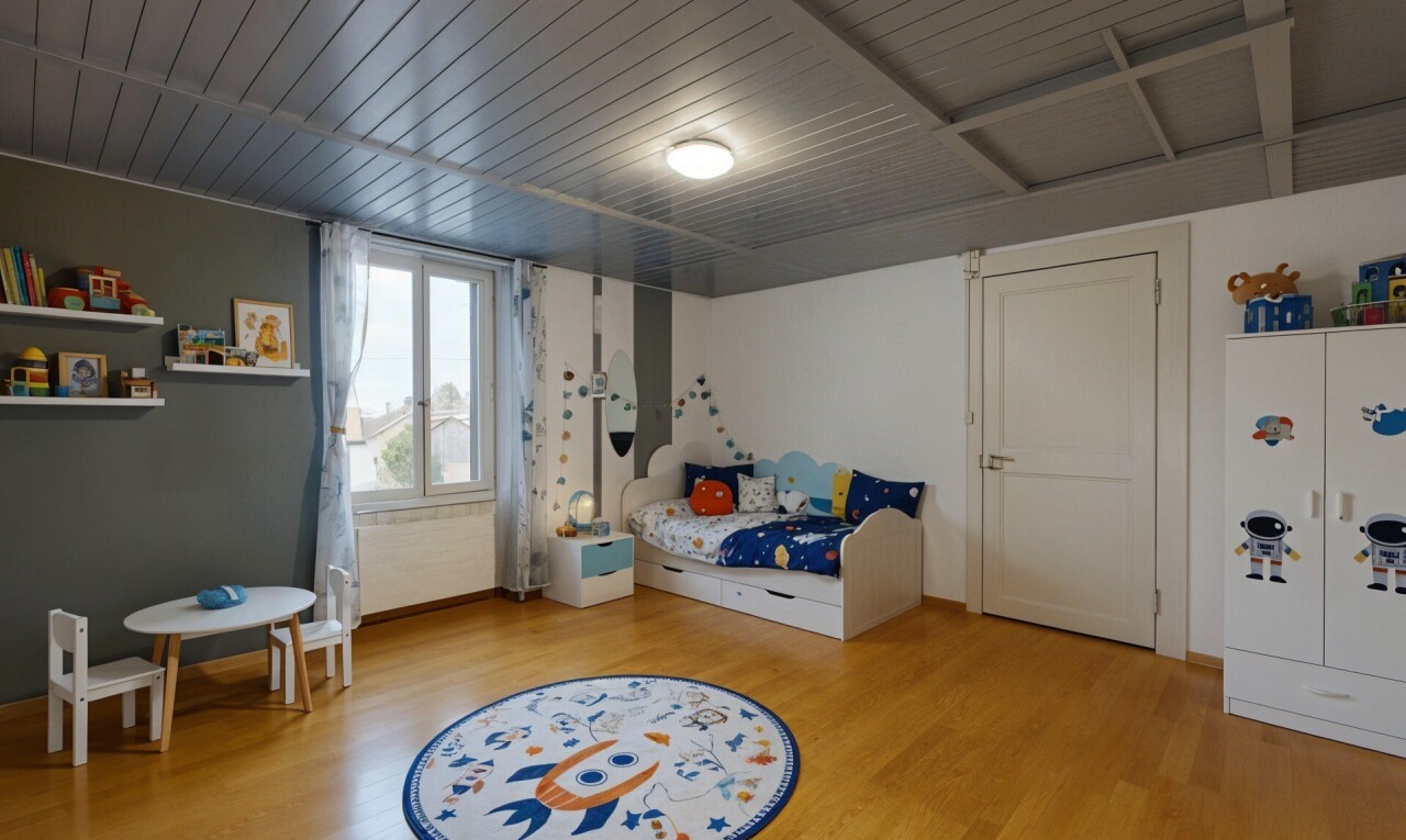 chambre avec sol en finition bois, wood finish floor, télévision, lumière naturelle, et natural light