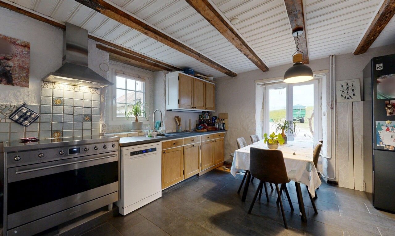 cuisine avec cuisinière, hotte, armoires de style shaker, lave-vaisselle, et lumière naturelle