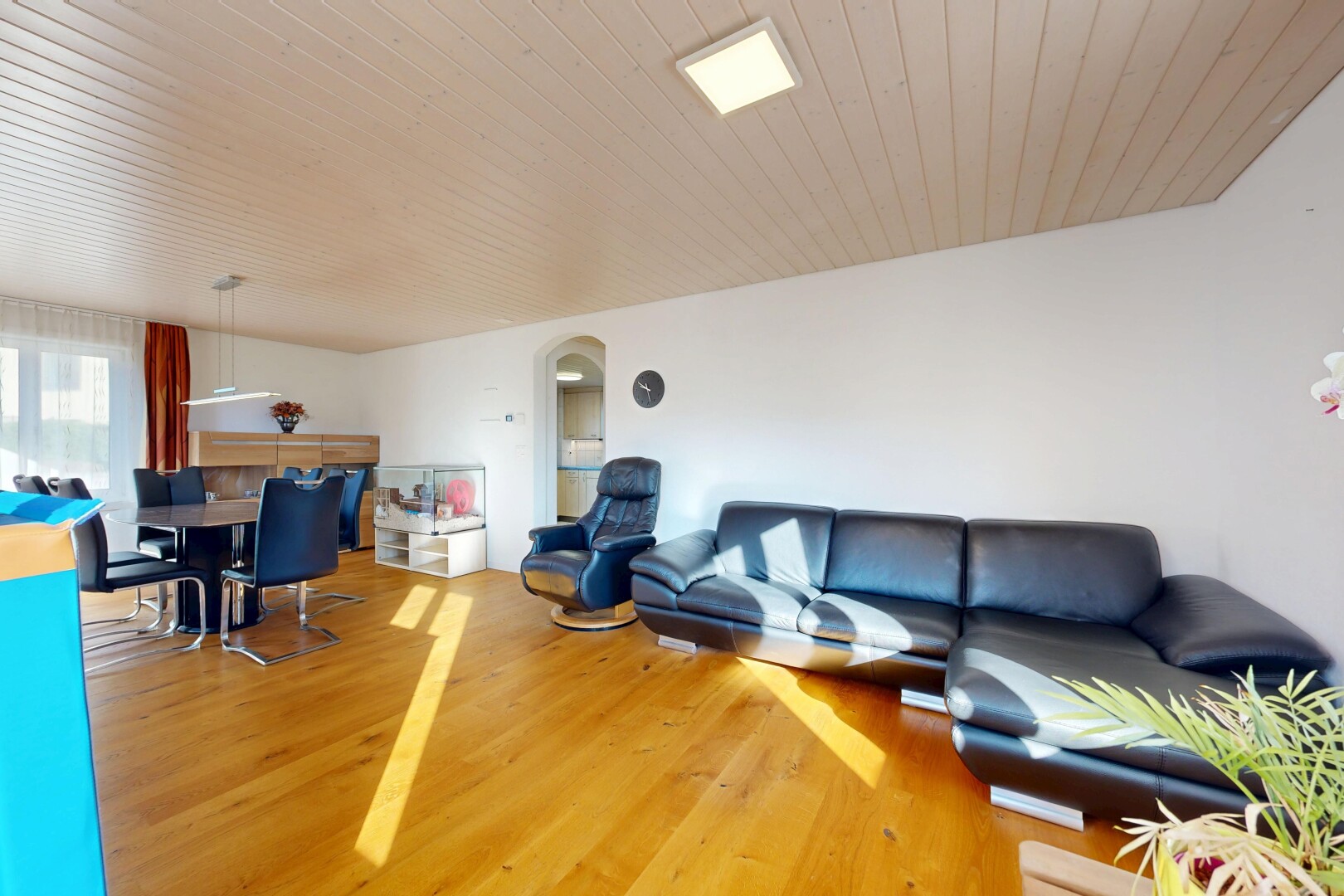 salon / salle à manger avec passages en arc, wood finish floor, sol en finition bois, drywall, et cloison sèche