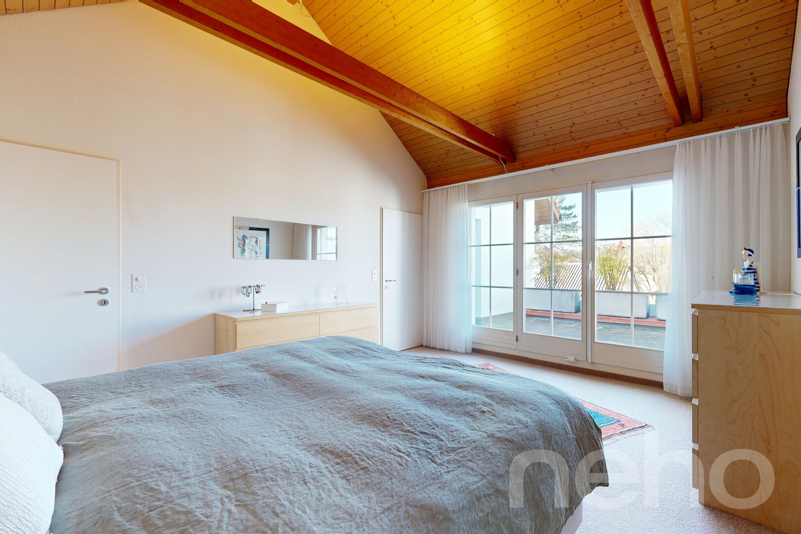 room with access to outside, light carpet, and a high wood beamed ceiling