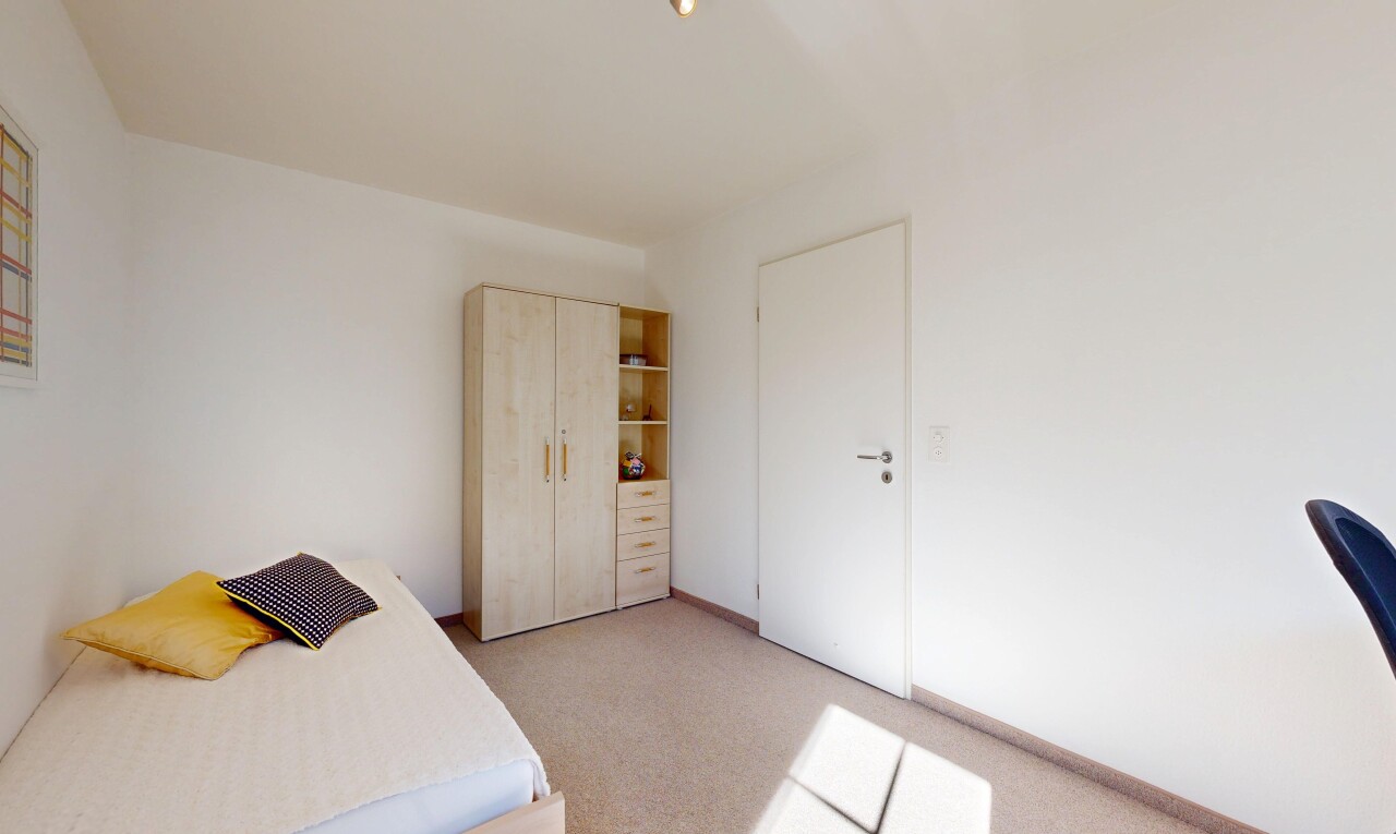 room / bedroom featuring light carpet and a closet