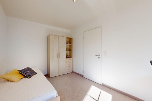 zimmer / schlafzimmer mit teppich, carpet, gipskartonwand, drywall, und light floor