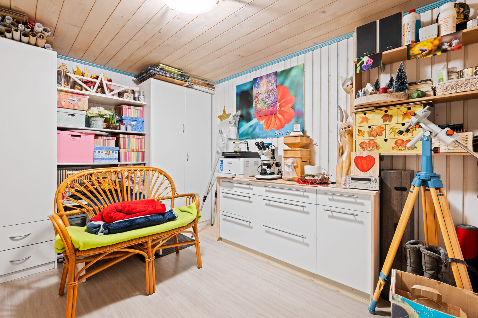 kitchen with wood ceiling, open shelves, white cabinets, and light wood-style floors
