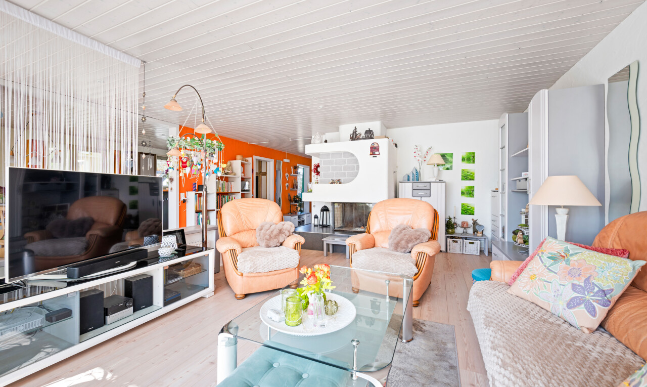 salon avec télévision, inside property, sol en finition bois, wood finish floor, et cloison sèche