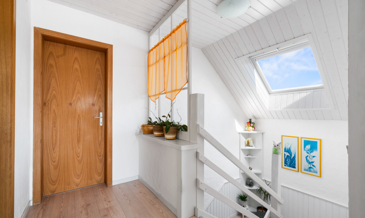halle / korridor mit dachfenster, wood ceiling, holzdecke, inside property, und drywall