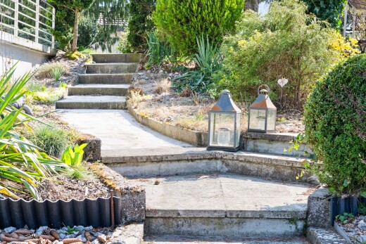 garden featuring stairway