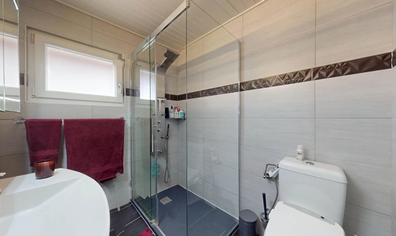 bad mit dusche, natürliches licht, toilette, und fliesenwand