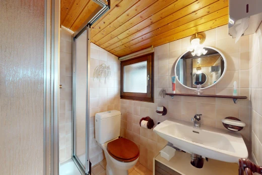 salle de bains avec mur carrelé, miroir, et plafond de bois