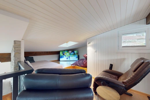 salon avec mur en bois, plafond voûté, télévision, lumière naturelle, et lucarne