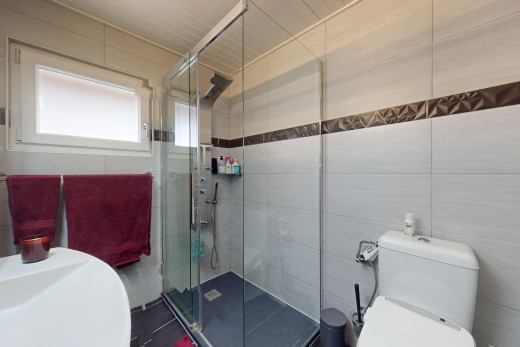 bad mit dusche, natürliches licht, toilette, und fliesenwand