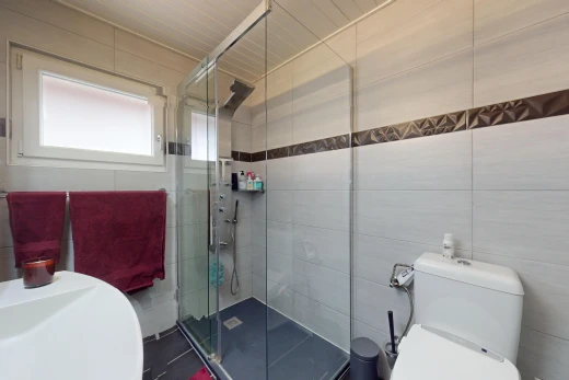 salle de bains avec toilettes, mur carrelé, lumière naturelle, et douche