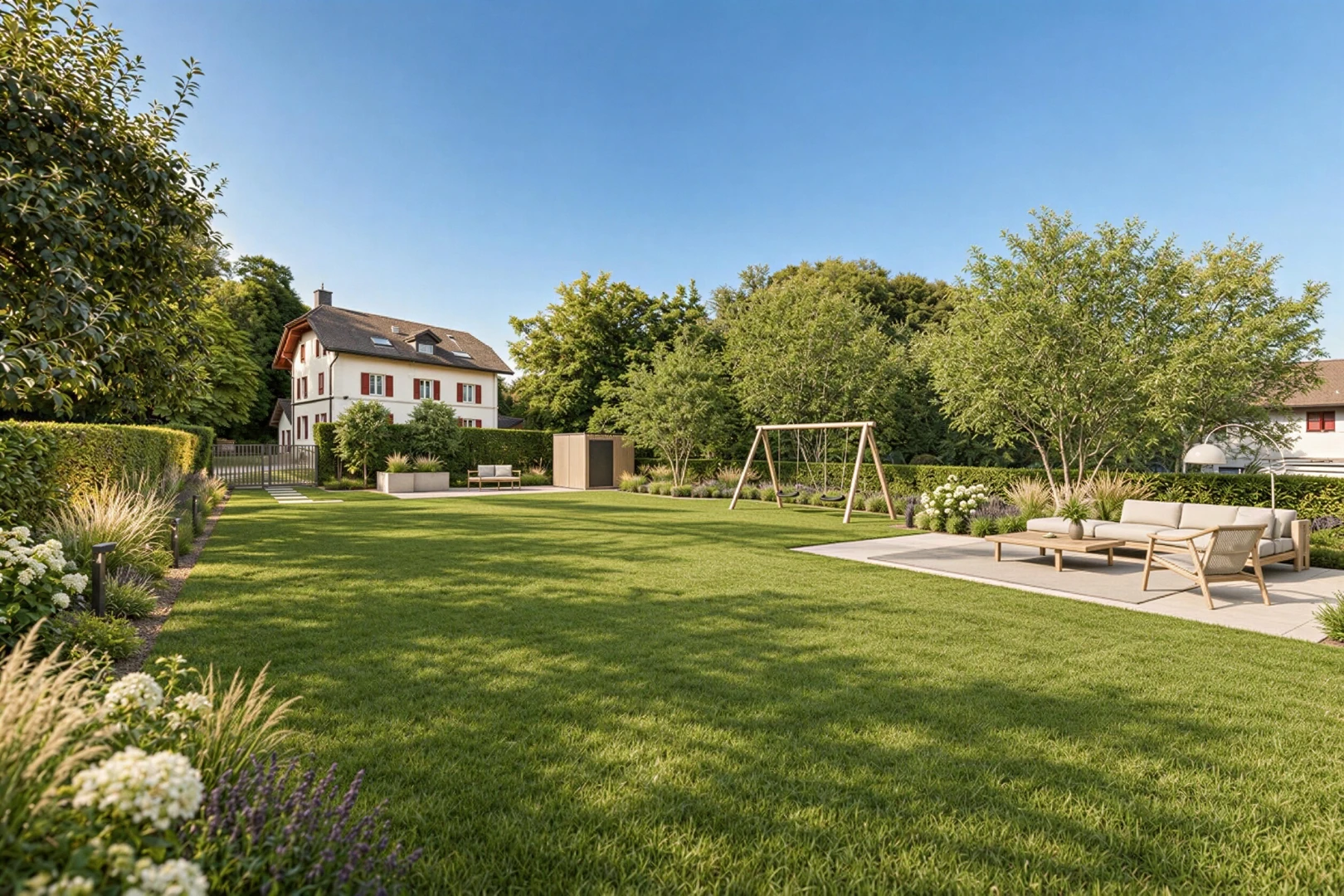 jardin avec espace de vie extérieur, pelouse, clôture, day time, et woods view