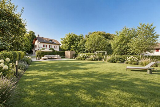 garten mit rasen, day time, wohnraum im freien, waldblick, und woods view