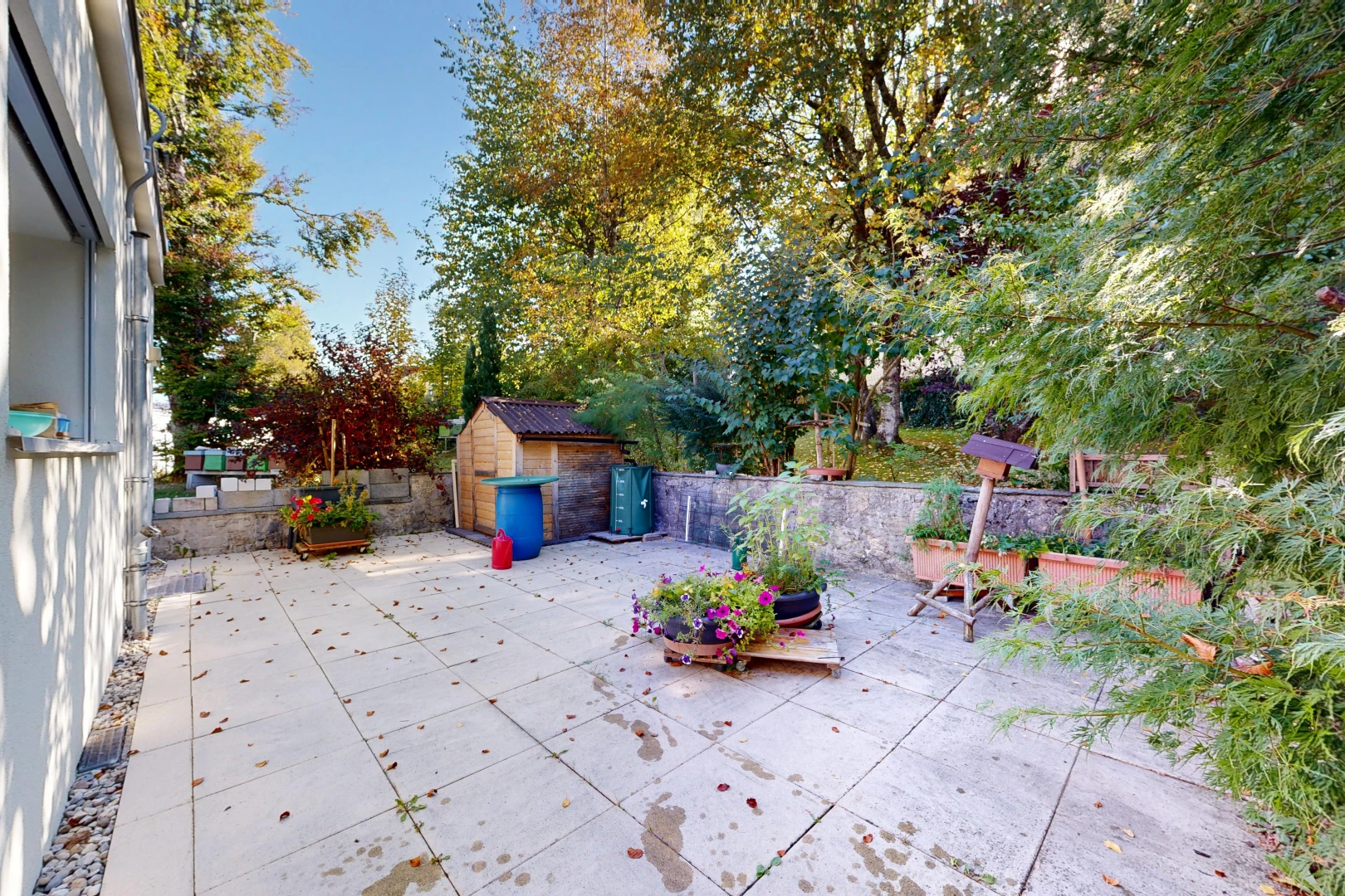 terrasse mit from property, außenansicht, day time, schuppen, und terrasse