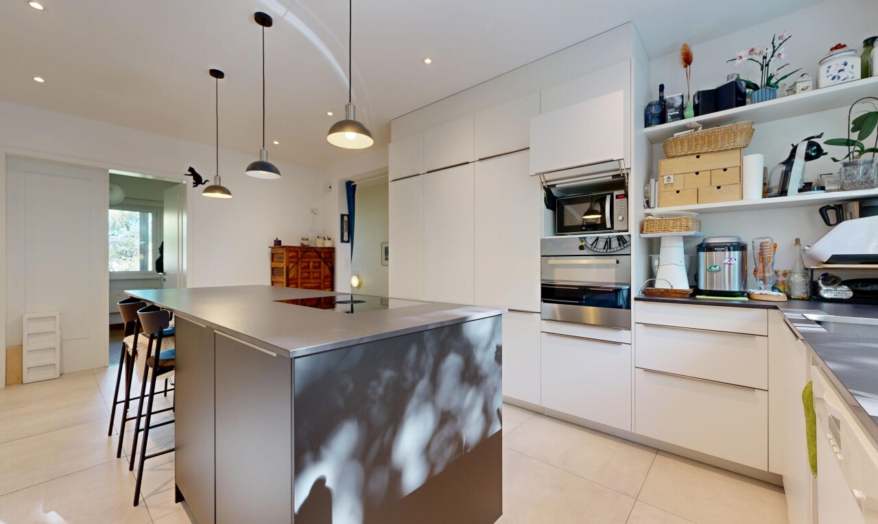 cuisine avec flat panel cabinets, armoires à panneau plat, dark countertops, plans de travail, et éclairage suspendu