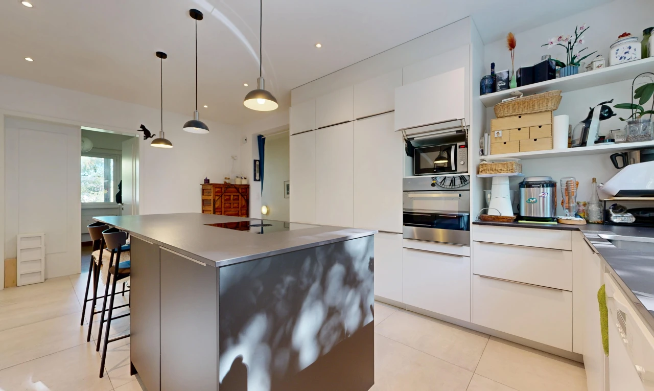 küche mit flat panel cabinets, schränke mit flachen paneelen, dark countertops, arbeitsplatten, und pendelleuchte