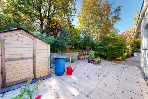 terrace with a shed and a patio area