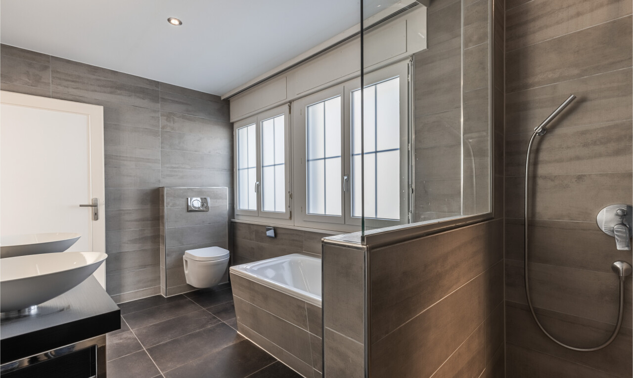 salle de bains avec salle de bain complète, lumière naturelle, natural light, bain, et dark floor