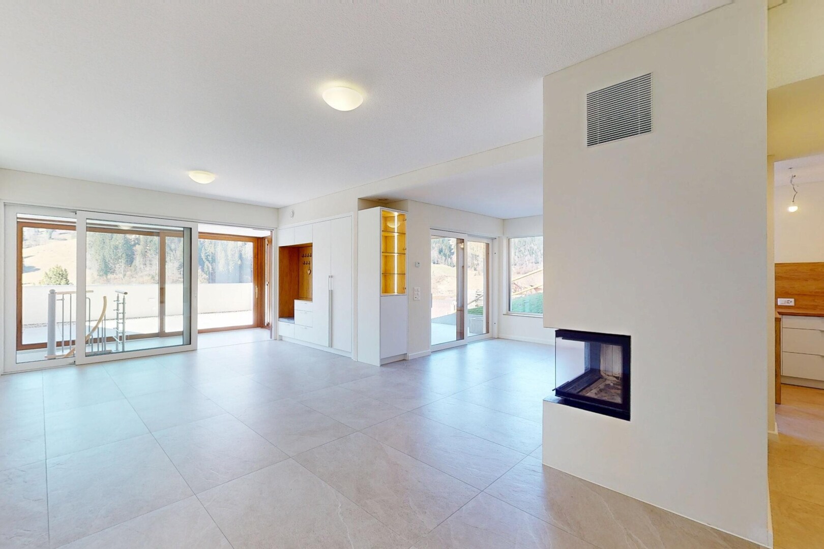 pièce vide avec ventilation, cheminée, cloison sèche, et lumière naturelle