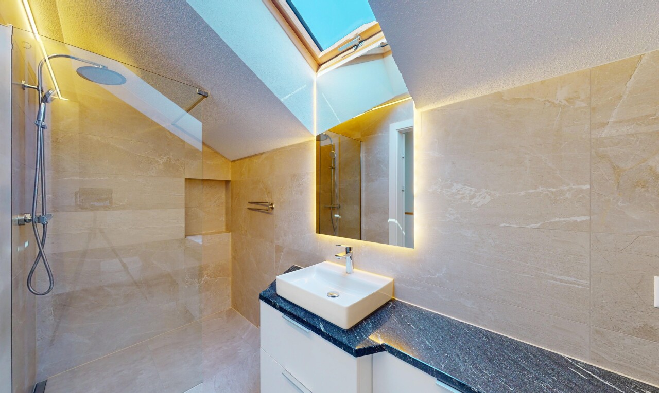 salle de bains avec lavabo (ou coiffeuse selon le contexte), miroir, douche, et évier