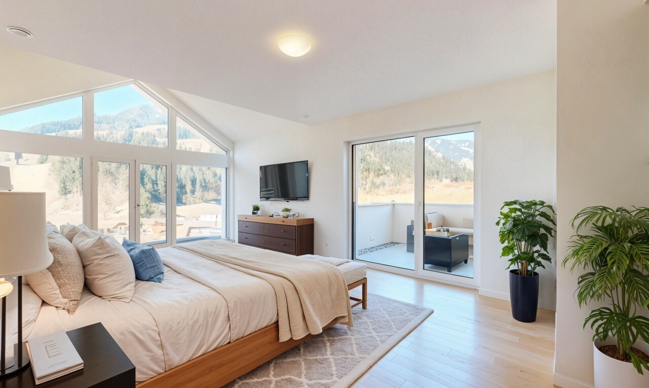 chambre avec accès à l'extérieur, lumière naturelle, natural light, sol en finition bois, et wood finish floor