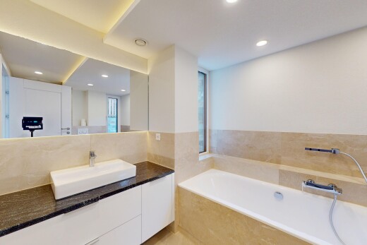 salle de bains avec évier, salle de bain complète, lavabo (ou coiffeuse selon le contexte), bain, et miroir