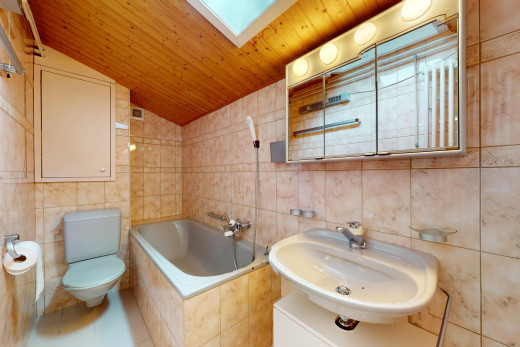 bad mit fliesenwand, bad, und dachfenster