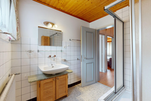 bad mit spiegel, holzdecke, kühler, waschbecken, und schminktisch