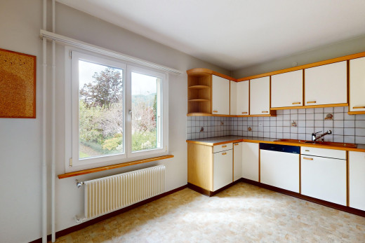 küche mit offene regale, geschirrspülmaschine, weiße schränke, natürliches licht, und kühler