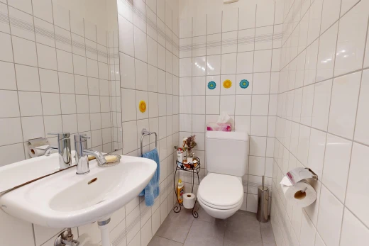 salle de bains avec toilette, évier, mur en carrelage, tile wall, et miroir
