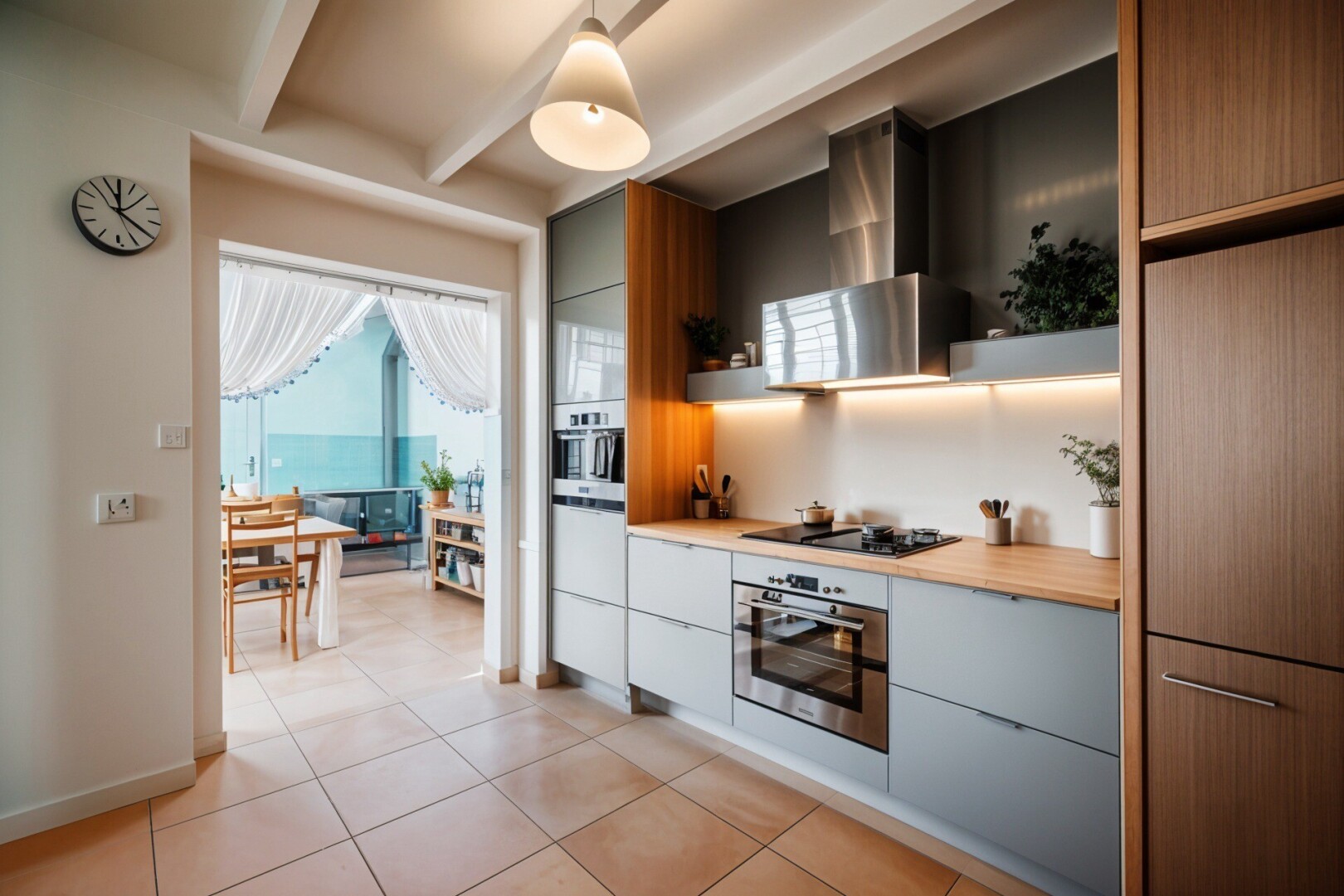 cuisine avec dosseret, backsplash, éclairage suspendu, plafond à poutres, et beamed ceiling