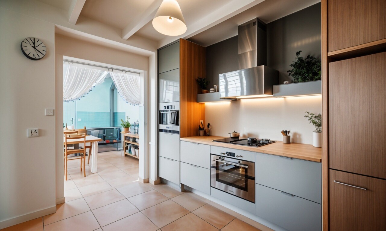 cuisine avec dosseret, backsplash, éclairage suspendu, plafond à poutres, et beamed ceiling