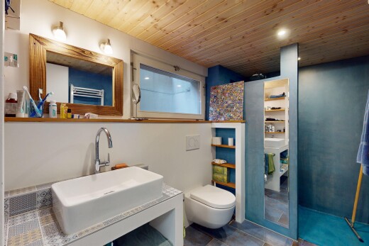 full bathroom featuring a towel warmer, wood ceiling, recessed lighting, vanity, and tile patterned flooring