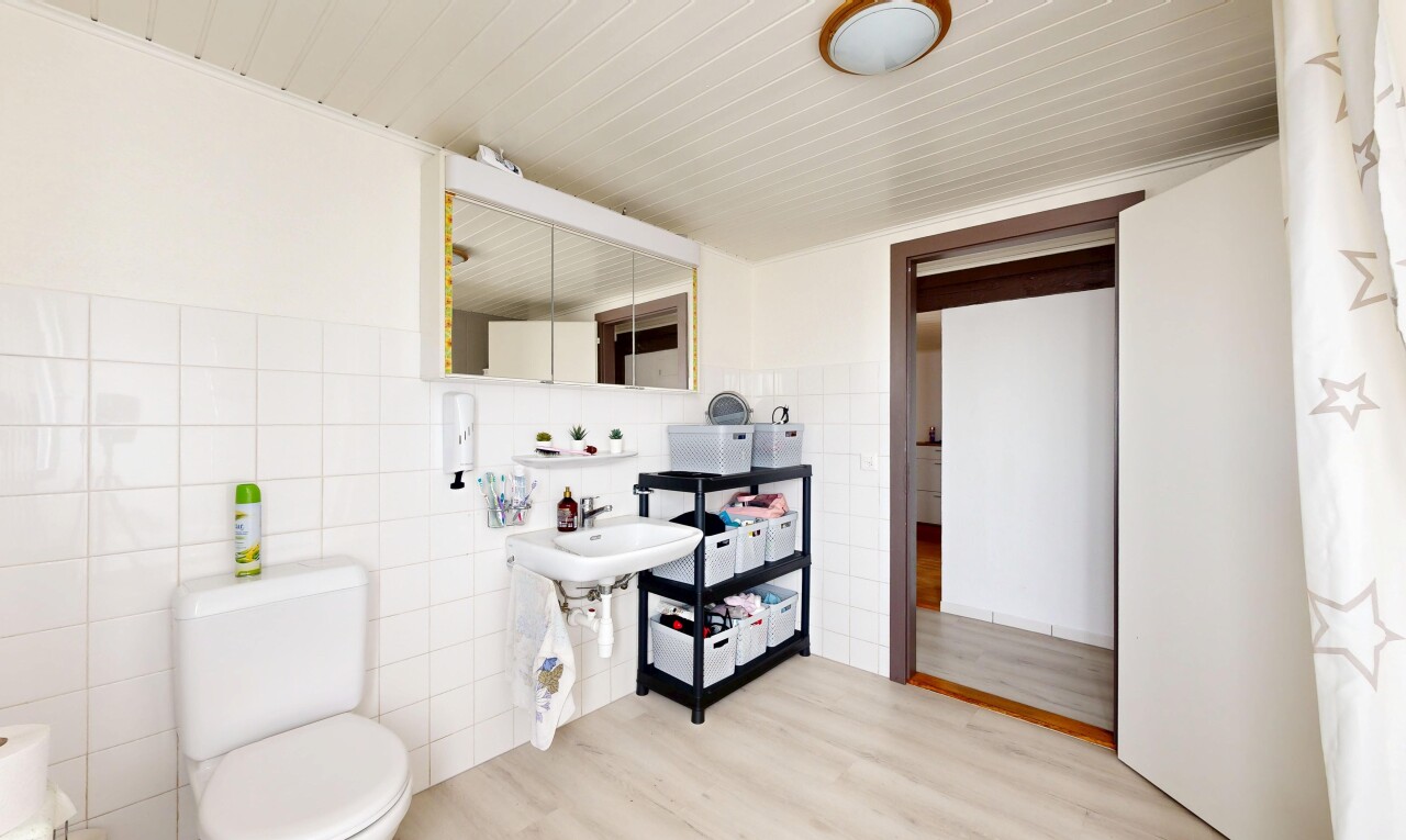 salle de bains avec mur en carrelage, tile wall, miroir, toilette, et sol en finition bois