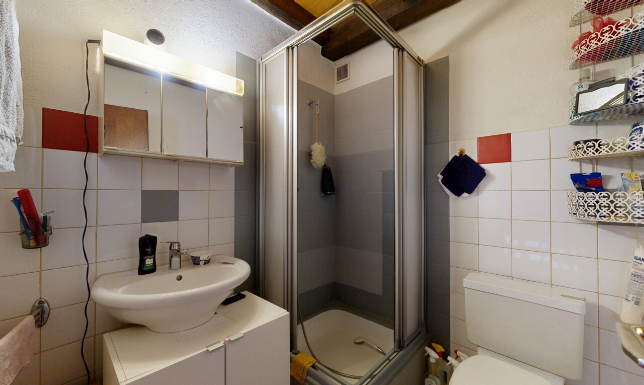 salle de bains avec mur en carrelage, tile wall, douche, miroir, et salle de bain complète