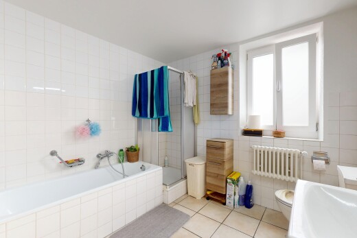 salle de bains avec mur en carrelage, tile wall, bain, salle de bain complète, et douche