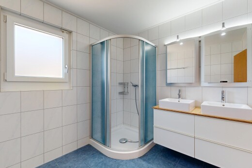 bad mit fliesenwand, tile wall, dusche, natürliches licht, und natural light