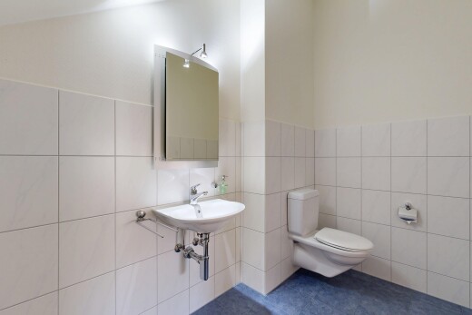 bad mit toilette, spiegel, fliesenwand, tile wall, und inside property