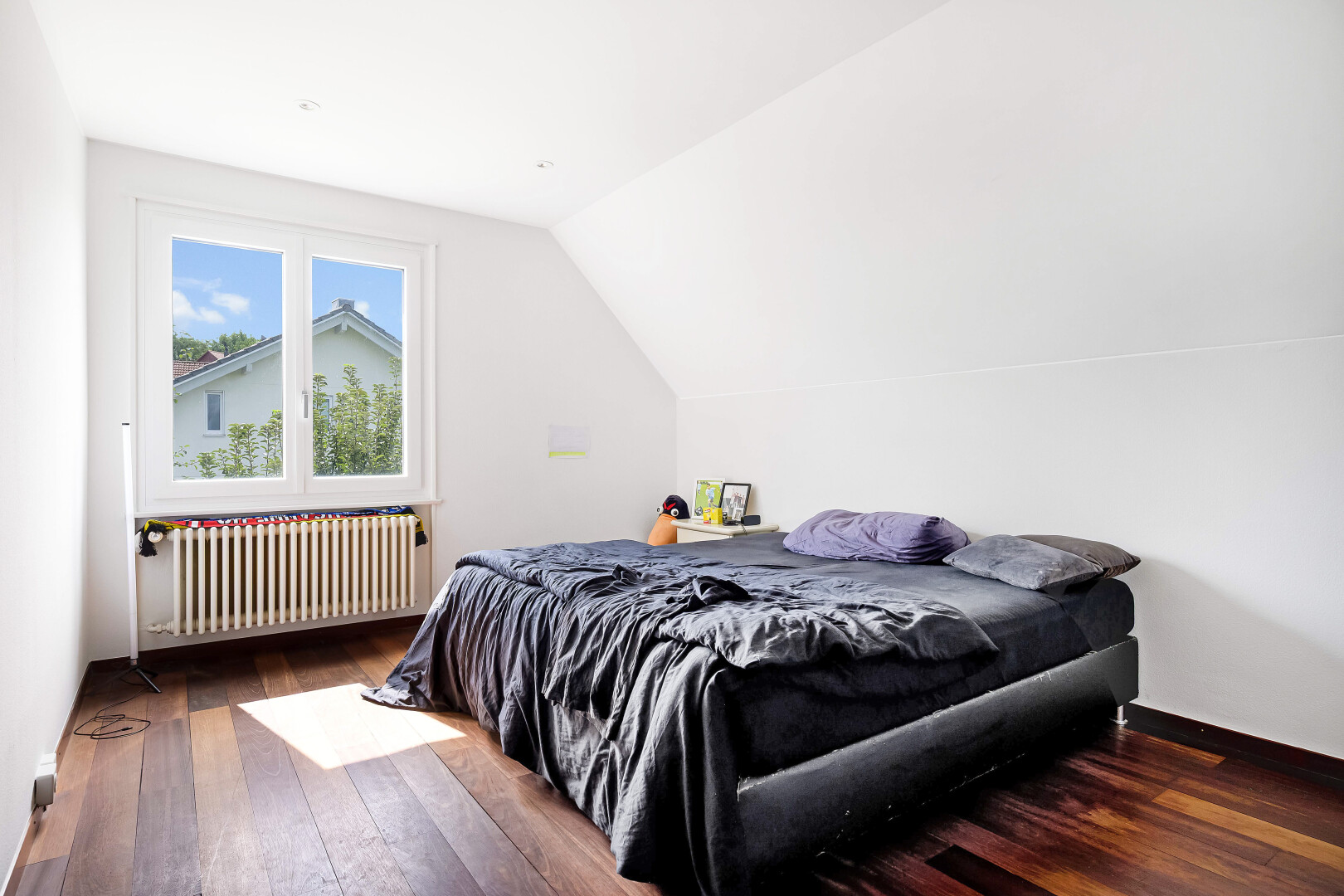 room with lofted ceiling, radiator, and dark wood-style floors