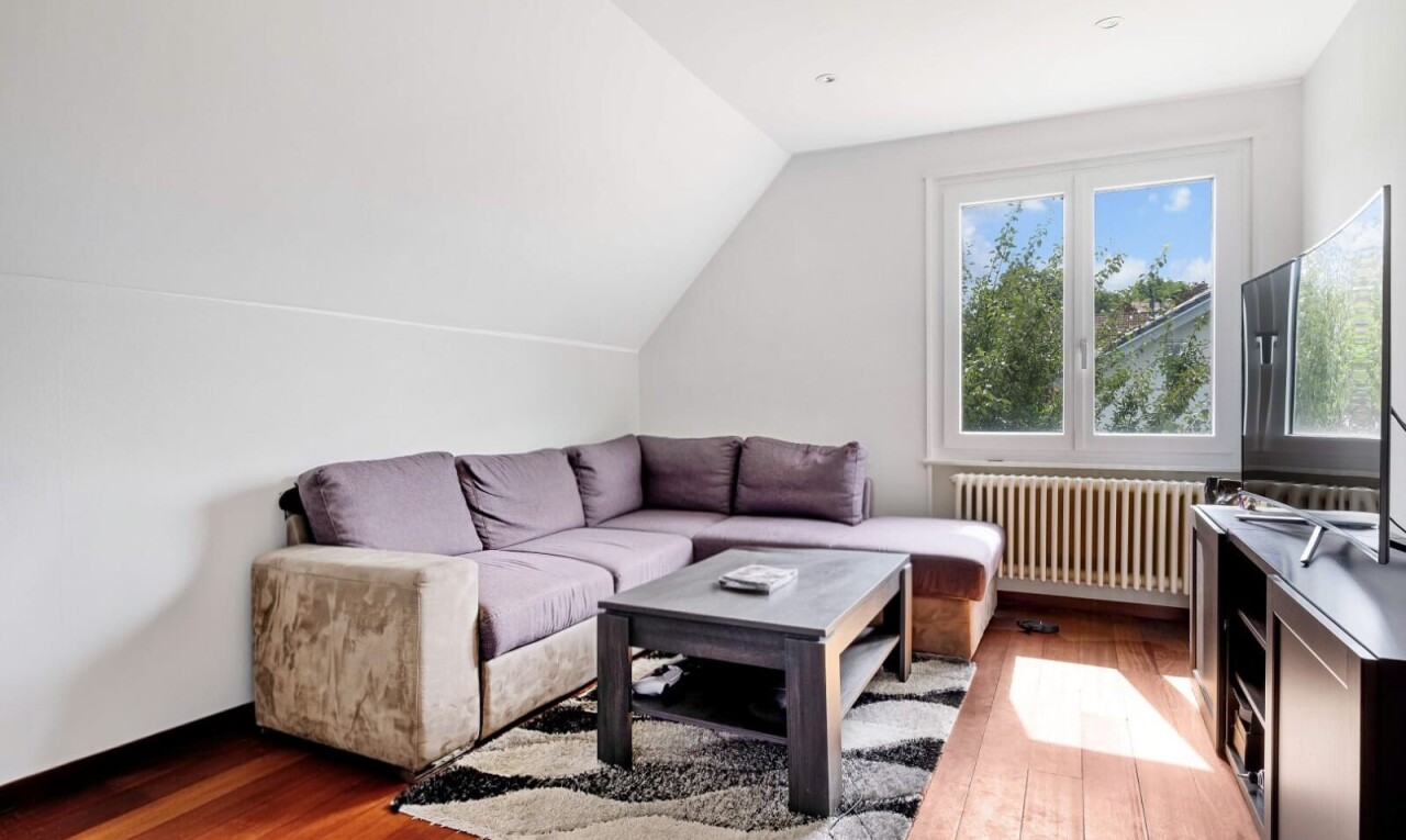 salon avec sol en finition bois, wood finish floor, radiateur, lumière naturelle, et natural light