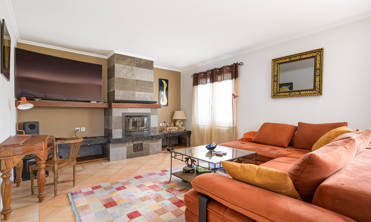 salon avec télévision, moulures, crown molding, lumière naturelle, et natural light